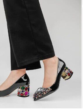 YDN Black Pointed Toe Bow Pump Colorful Rhinestone Block Low Heel Butterfly Shoe